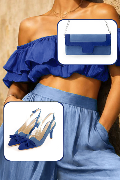 Women's electric blue elegant slingback heels, with a bow on the front. Tapered toe. High slim heel - Top view